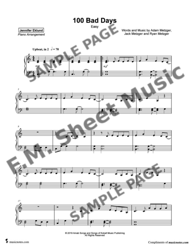100 Bad Days (Easy Piano) By AJR - F.M. Sheet Music - Pop Arrangements ...